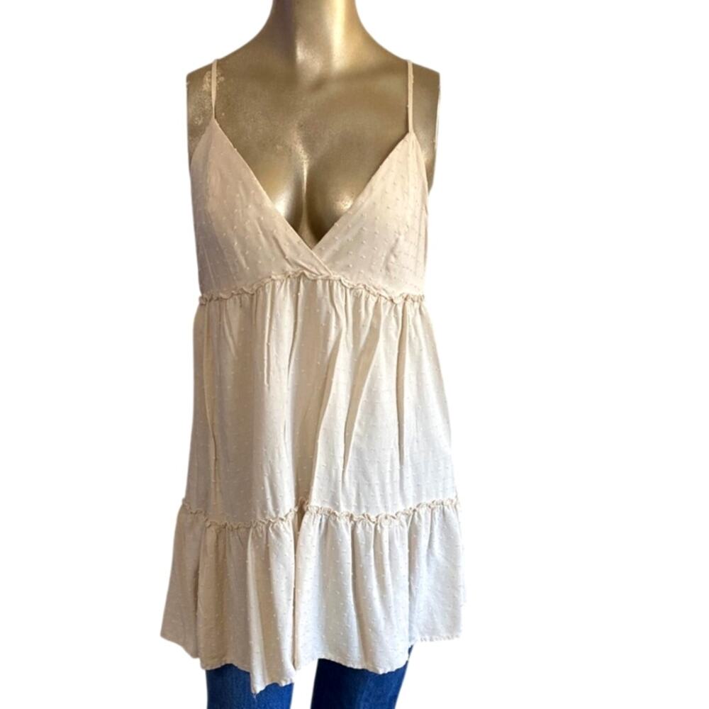 Forever 21 Swiss Dot Babydoll Mini Dress Medium Cream Beige Tiered Cami Boho